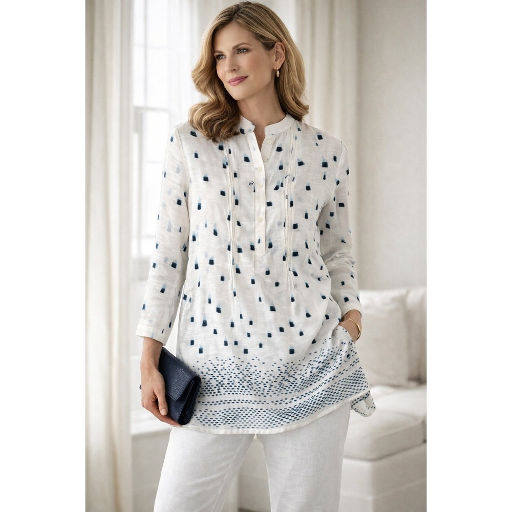 Piazza Sempione Abstract Print Pintuck Tunic Top Made in‎ Italy Resort Luxury L